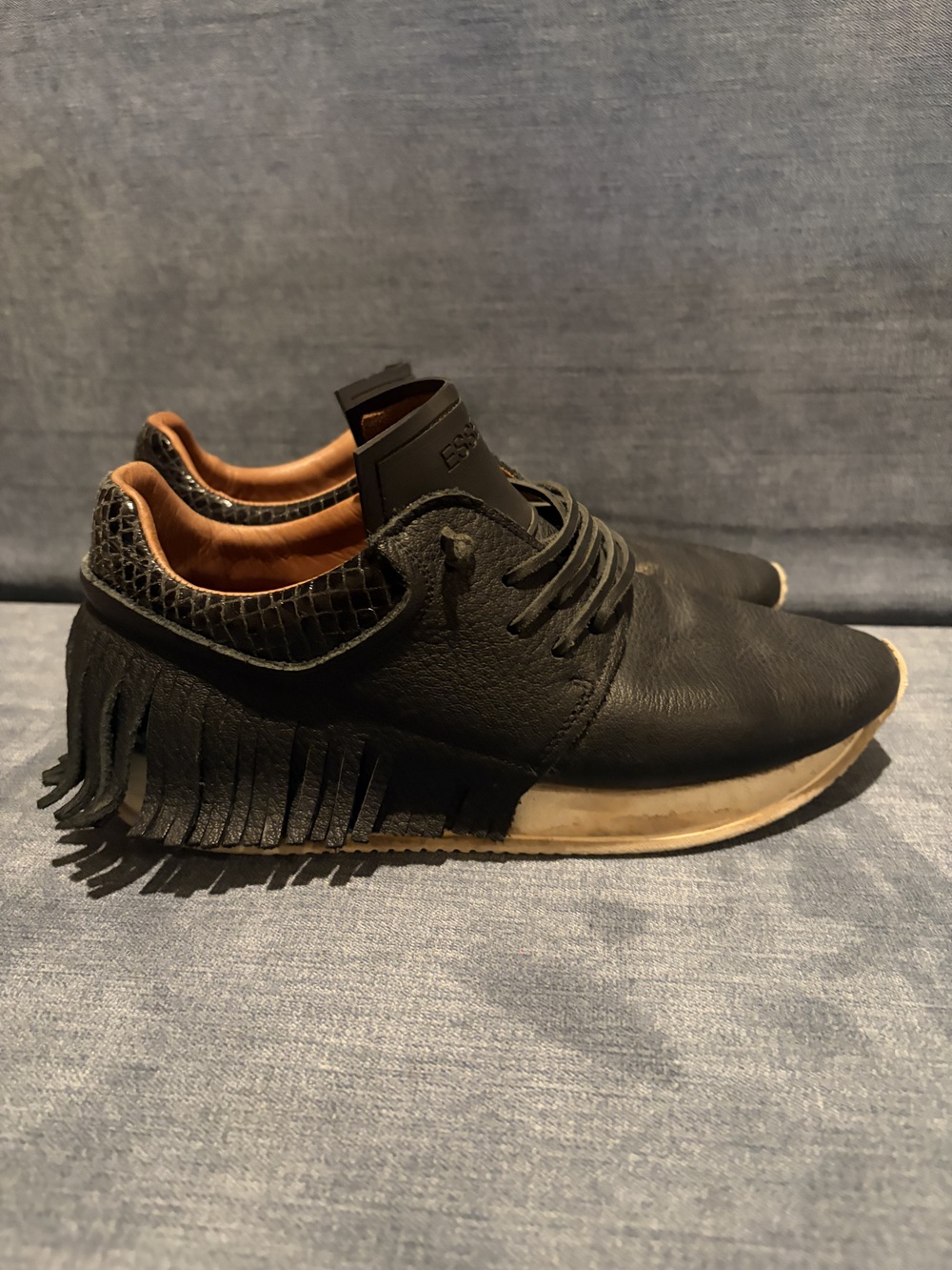 Esseutesse Leather Sneakers with Tan Accents & Black Fringe Lining  -Sz 40